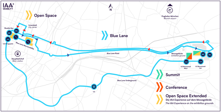  Erstmals findet die IAA als dezentrale Veranstaltung statt. Die sogenannte "Blue Lane", bestehend aus Bus- und U-Bahn-Verbindungen, soll dabei das Messeglände Riem mit der Münchner Innenstadt verbinden.